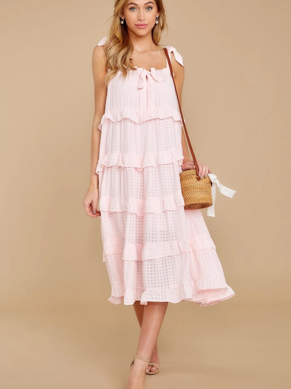 Tiered Tie-Shoulder Midi Dress - Light Pink